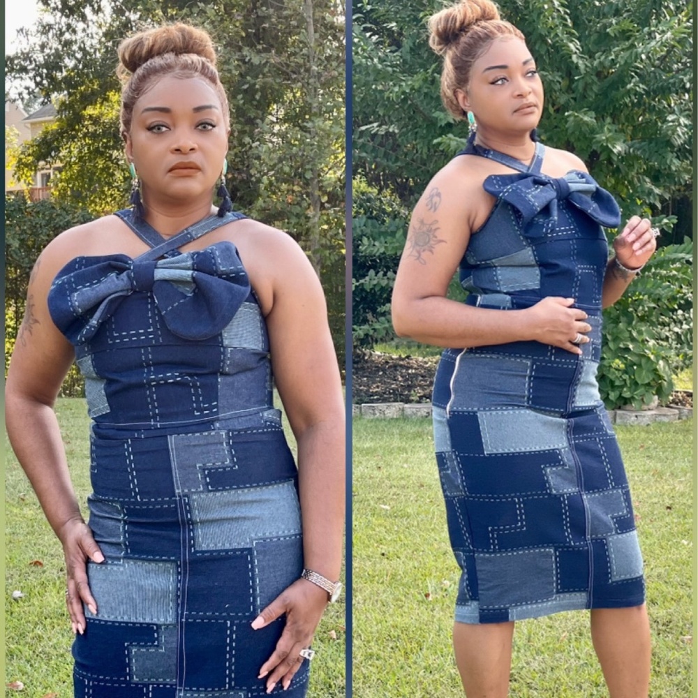 Patchwork denim pencil skirt set